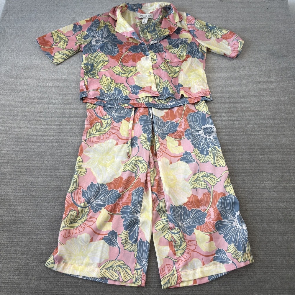 Rachel Zoe Pajama Women S Pink Floral Satin Button Down Lounge Classic Cropped